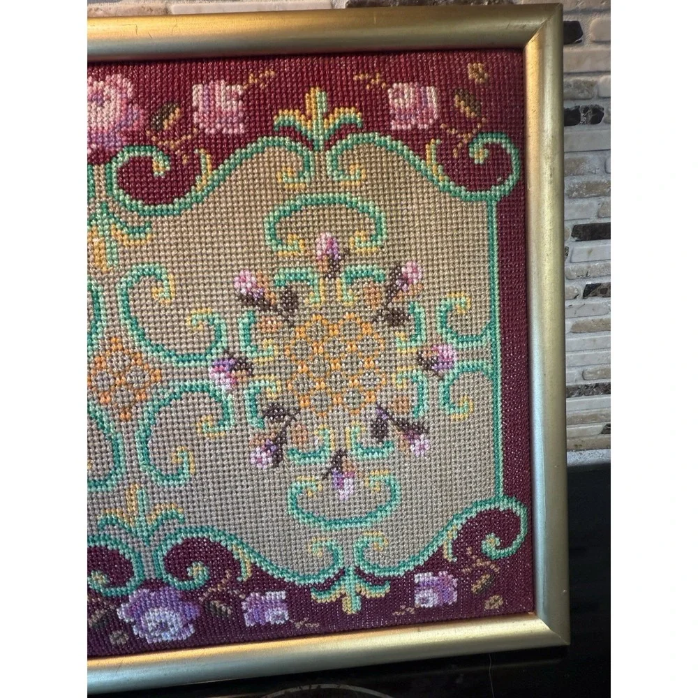 Vintage Floral Needlepoint Framed Picture Burgundy Pink‎ Yellow Green 19